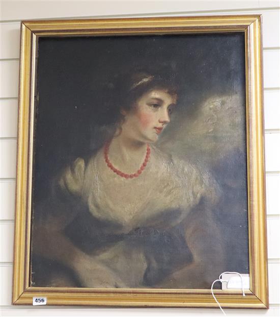 19th century English School, oil on canvas, Portrait of a lady wearing a coral bead necklace, 60 x 50cm